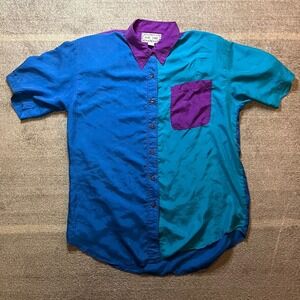 Leena Studio Vintage 100% Silk Colorblock Button Down Shirt Blue Purple Teal M